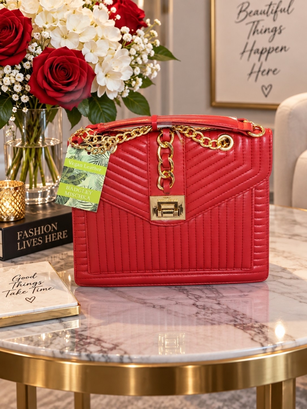 Badgley Mischka Red Quilted Chain-Accent Shoulder Bag with Gold Hardware